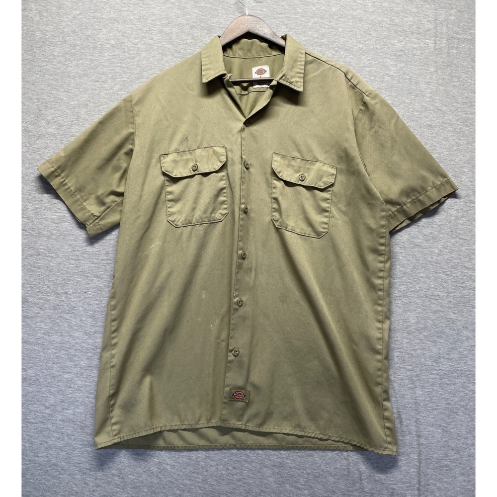 Dickies Work Shirt Mens Large Beige Patch Logo Collared Short Sleeve Button Up